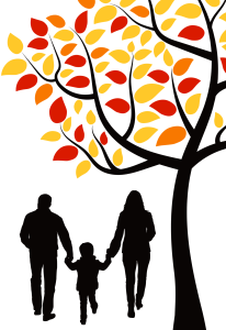 Holding Hands Holding Hearts graphic with family silhouette under autumn leaves