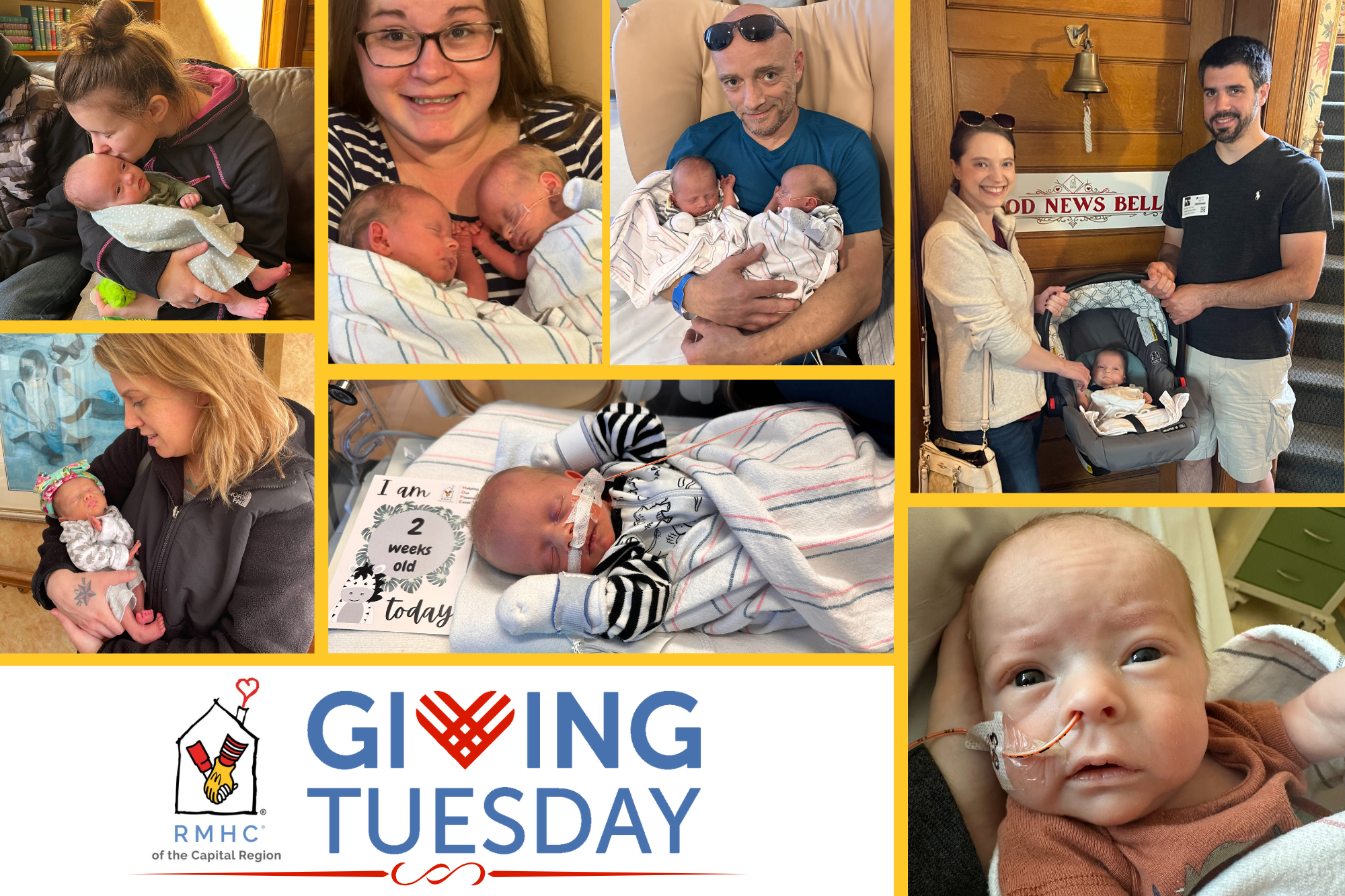 Copy of 2025 Giving Tuesday Postcard - Email newsletter GivingTuesday postcard, showing multiple photos of NICU babies with their parents.