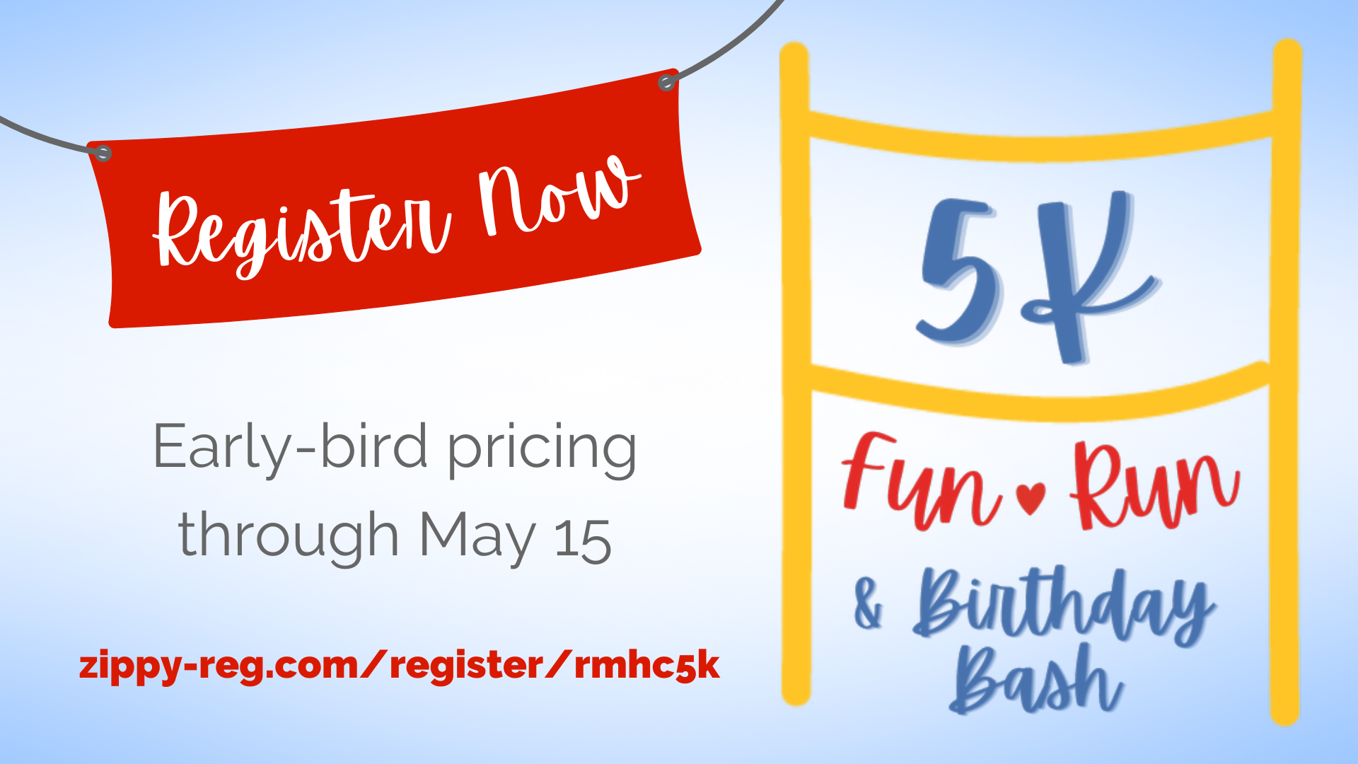 5K Fun Run graphic announcing early-bird registration pricing through May 15