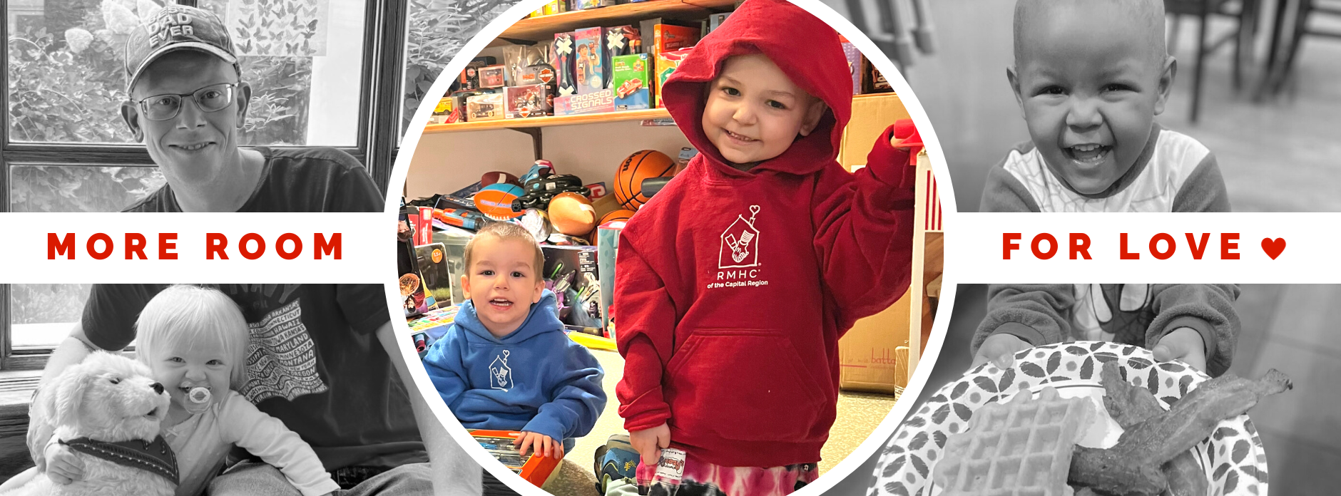 Collage of three photos showing children and families in various rooms around the Albany Ronald McDonald House.