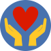 Hearts & Hands Circle Yellow hands below a red heart in a blue circle, signifying the Hearts & Hands Society