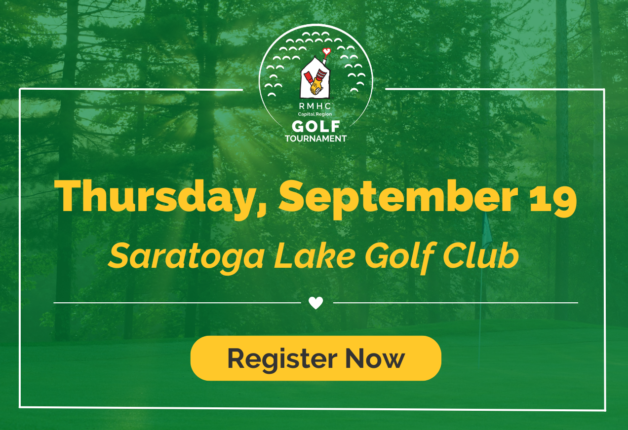 Yellow text on green background promoting RMHC Golf Tournament on September 19 with "register now" button
