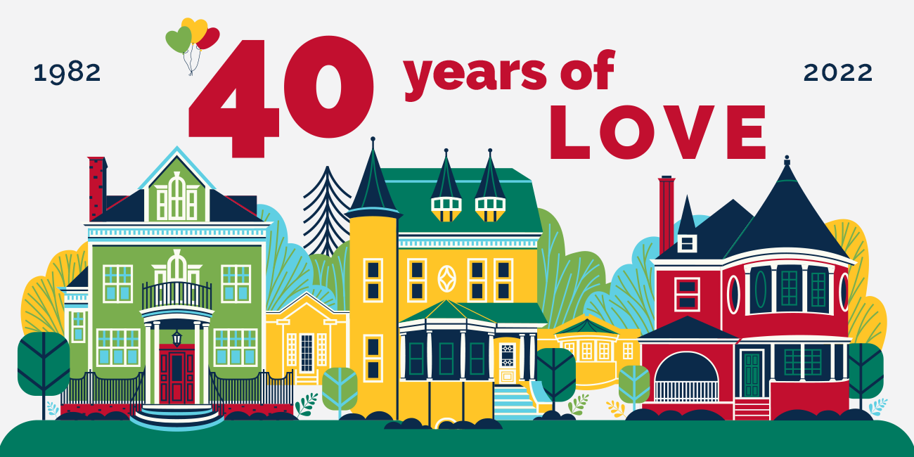 40 Years of Love Banner with Michael Mullan illustration of Albany Ronald McDonald House
