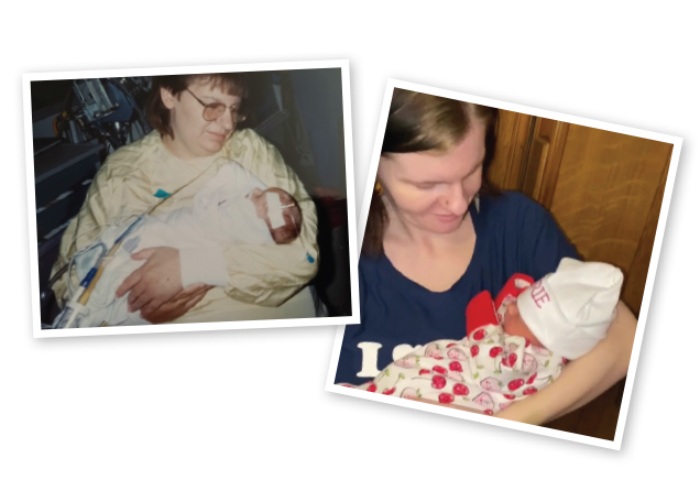 Collage of two photos - each showing a mom holding a newborn baby, one in 1994 and the other in 2023.