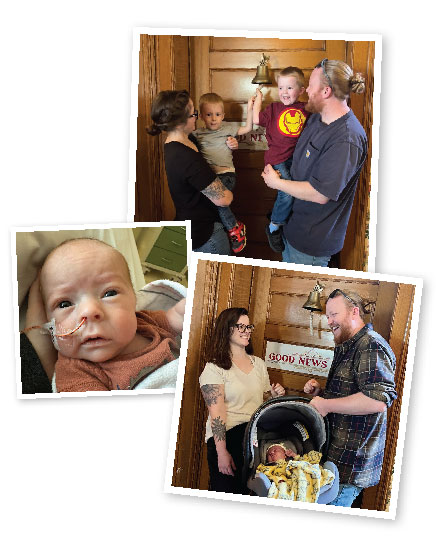 Collage of family ringing the "Good News Bell" at the Albany Ronald McDonald House with their healthy baby boy