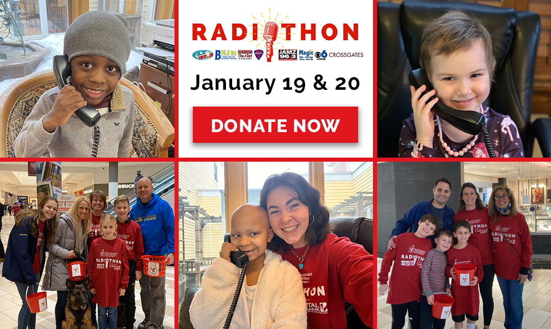 RadiothonPromoHomePage Collage of photos from RMHC Radiothon with big, red Donate Now button